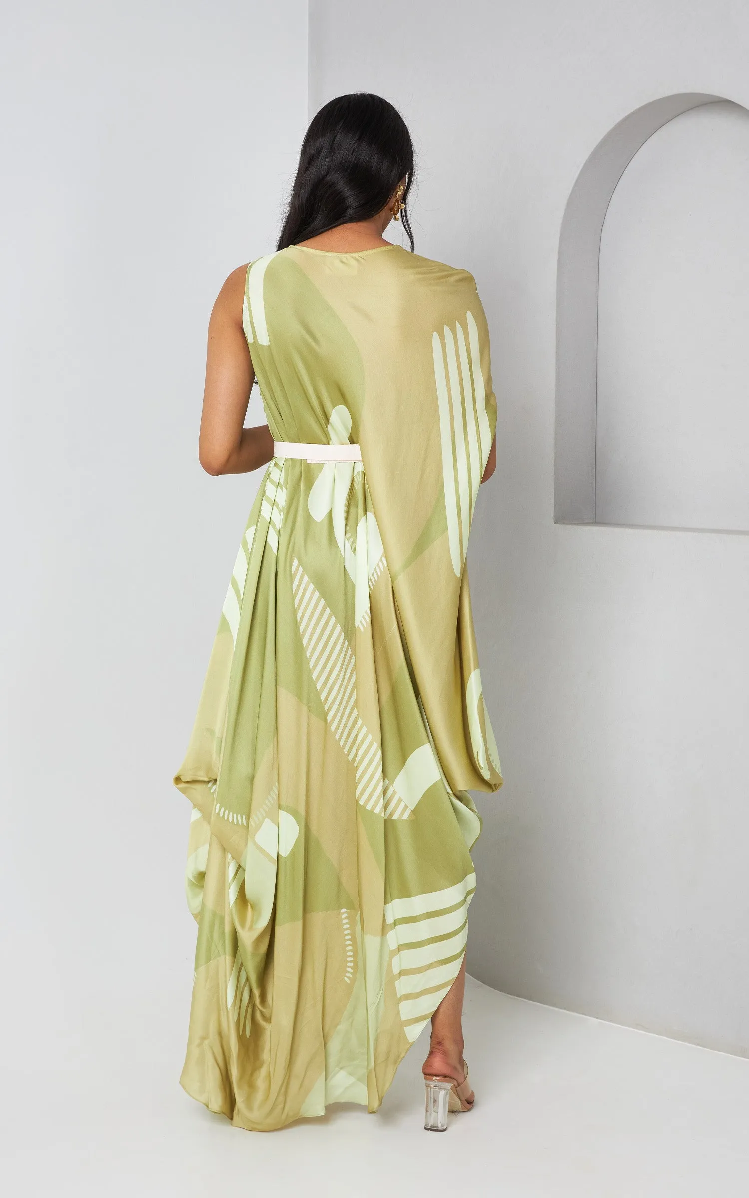 Green Abstract Printed Sleeveless Drape