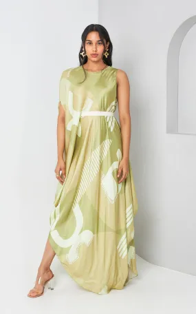 Green Abstract Printed Sleeveless Drape