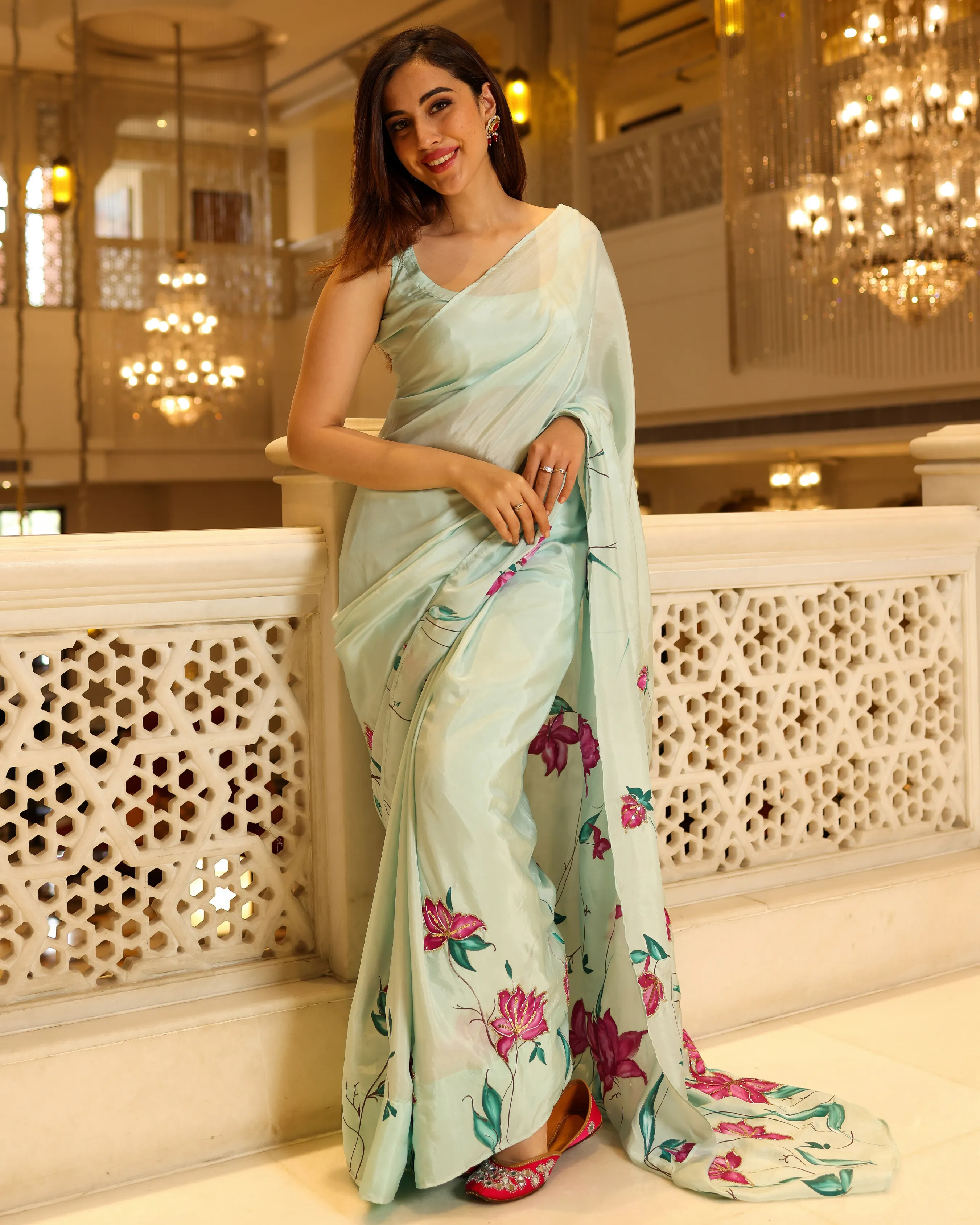 Green Cardamom Handpainted Silk Saree