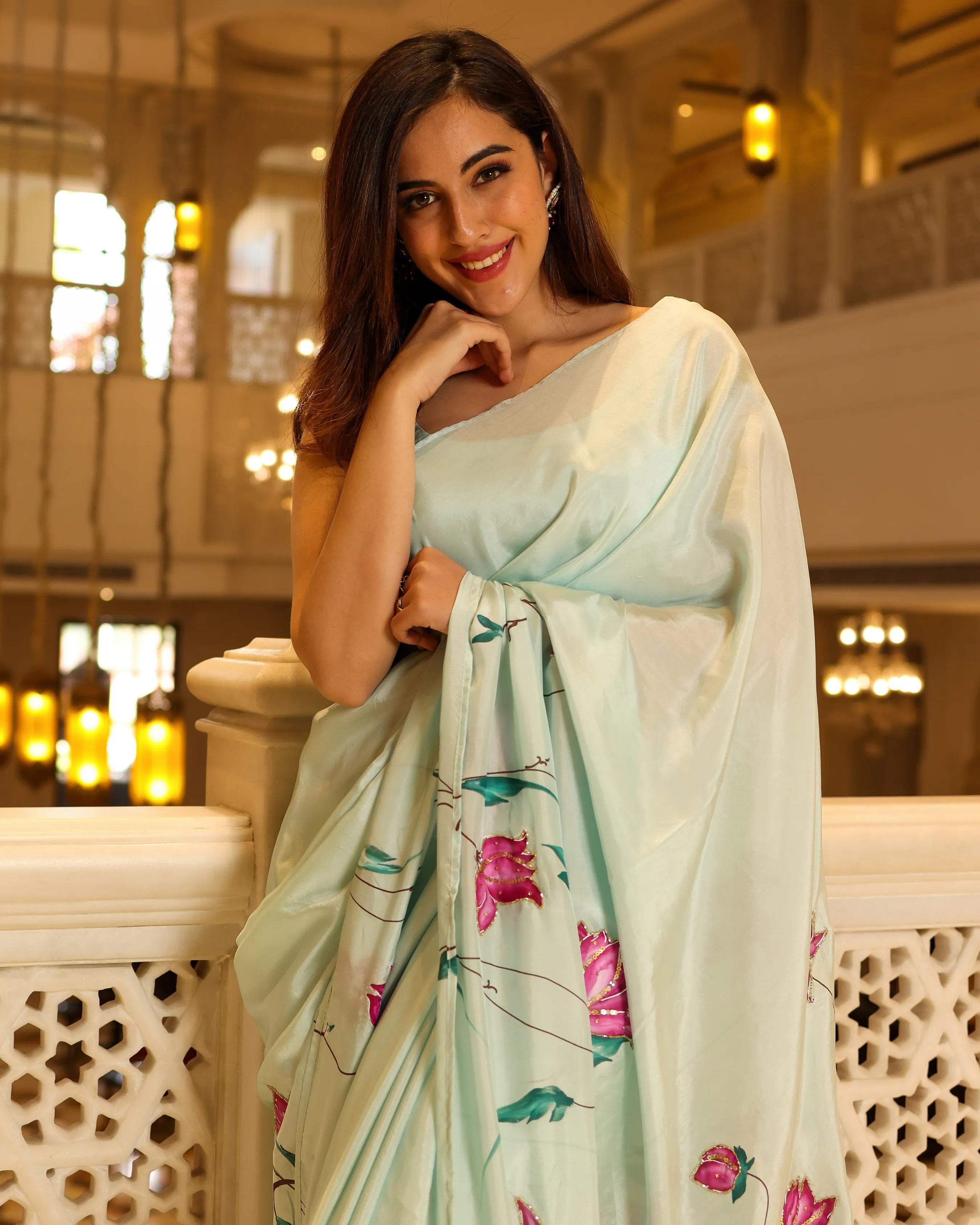 Green Cardamom Handpainted Silk Saree