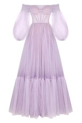 Lavender Sheer Sleeves Maxi Tulle Dress