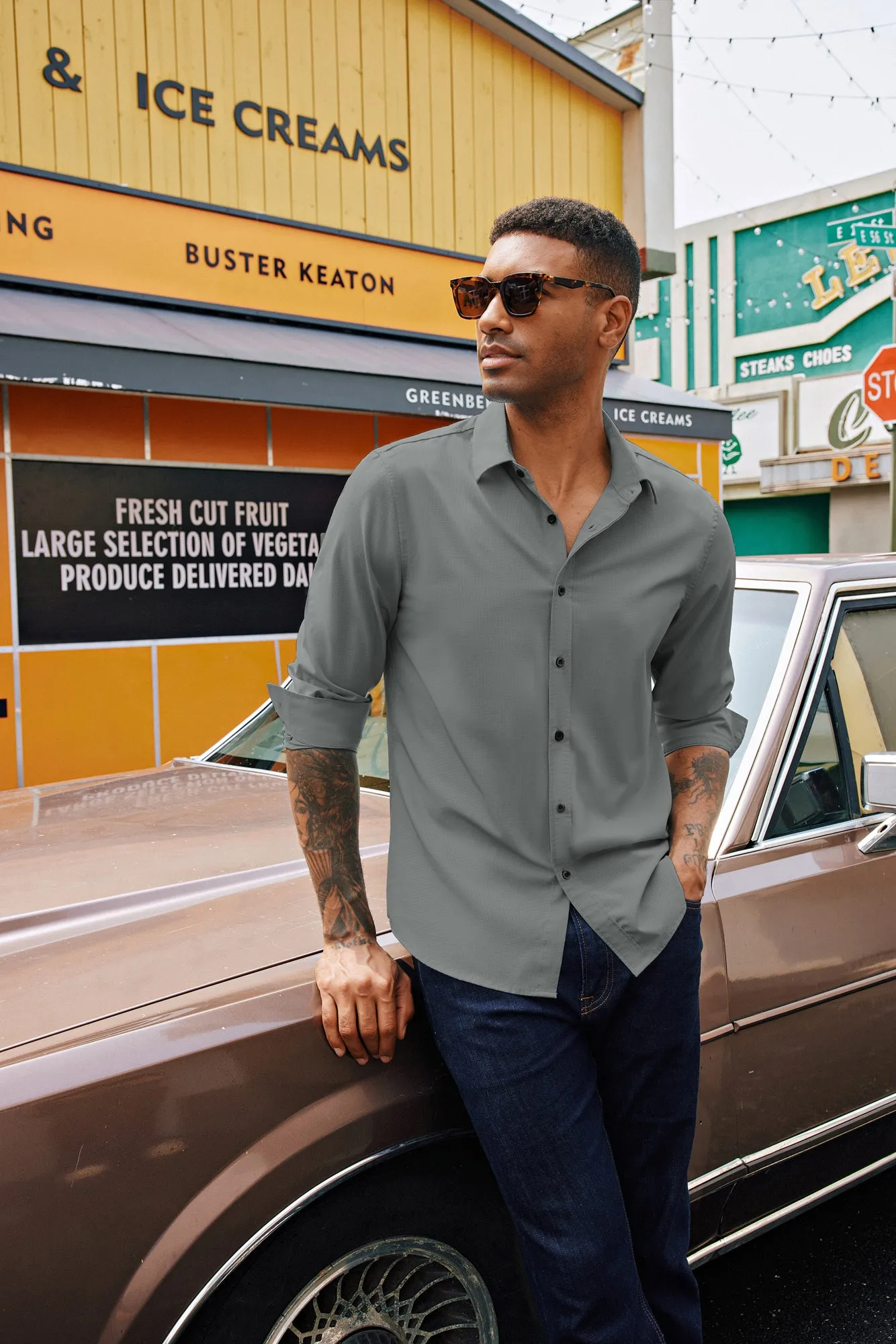 Men Stylish Shirt Long Sleeve Classic Collar Curved Hem Button-up Tops