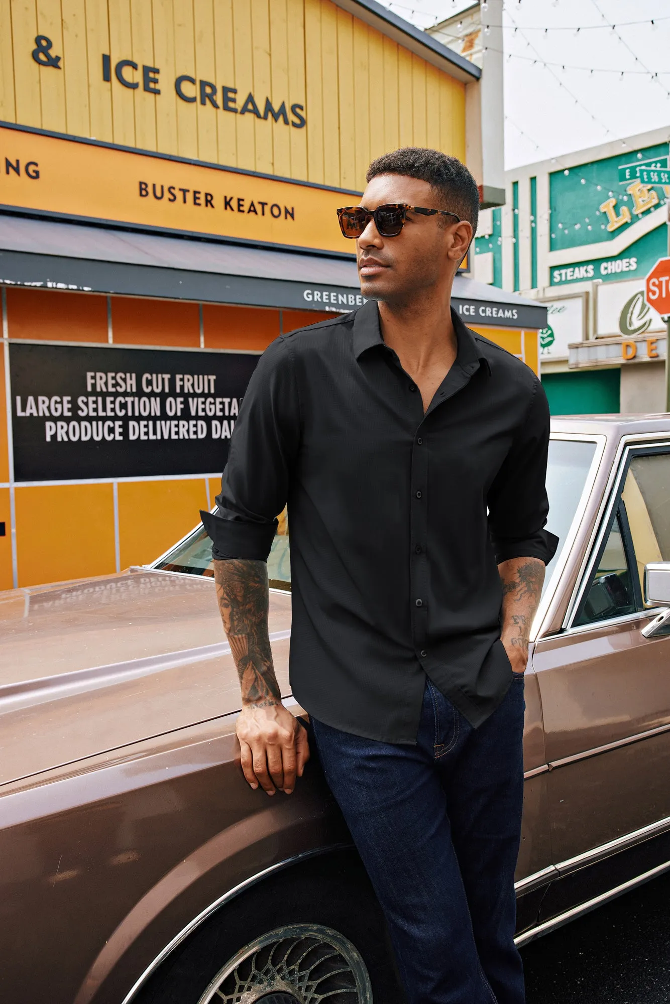 Men Stylish Shirt Long Sleeve Classic Collar Curved Hem Button-up Tops