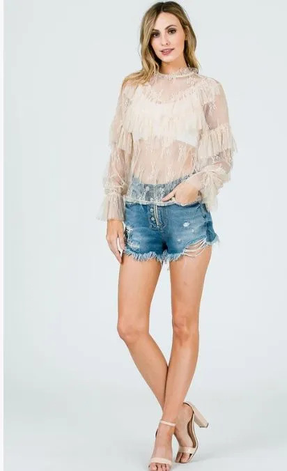 Nude Sheer Lace Ruffled Top