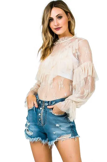 Nude Sheer Lace Ruffled Top