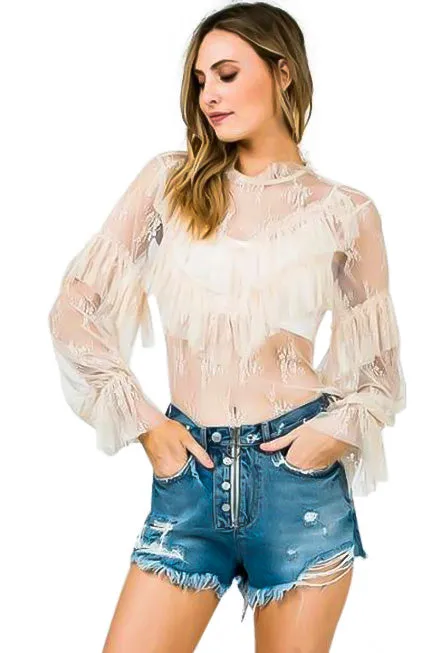 Nude Sheer Lace Ruffled Top