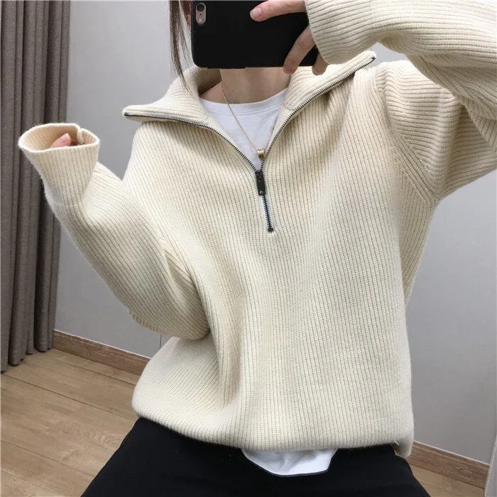 Oversized Sporty Quarter Zip Pullover Sweater