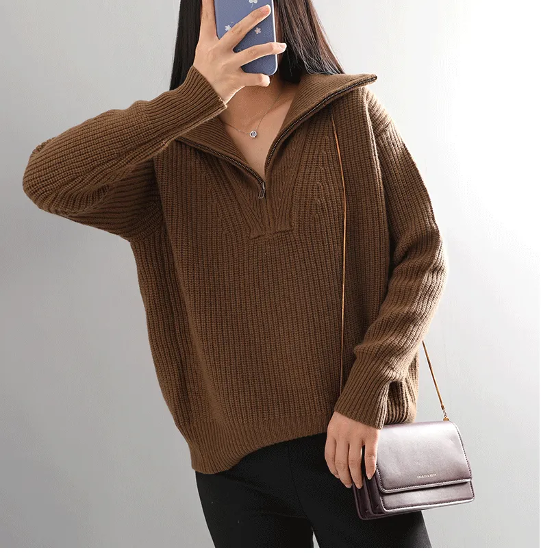 Oversized Sporty Quarter Zip Pullover Sweater