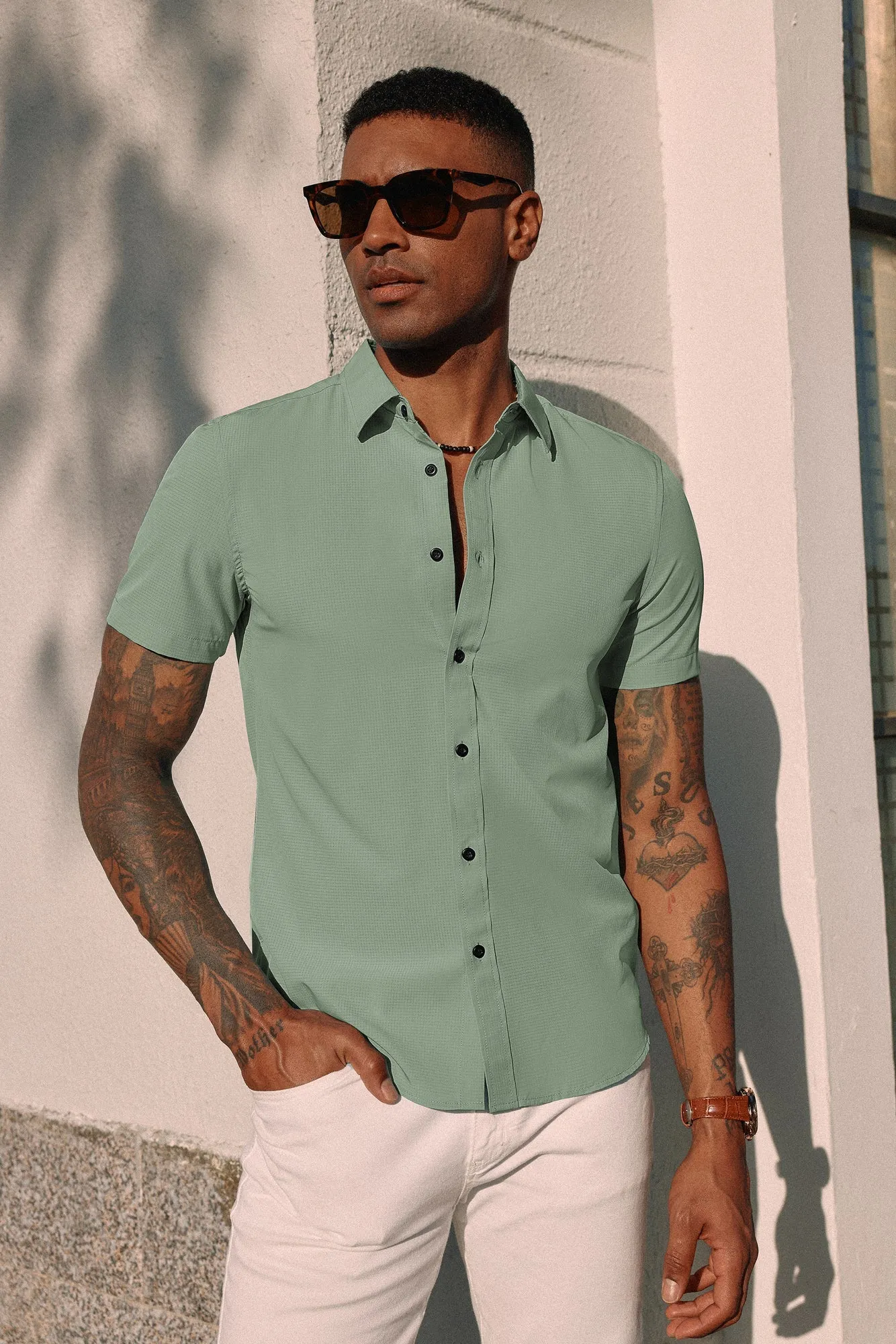 PJ Paul Jones Men Stylish Basic Shirt Short Sleeve Classic Collar Button-up Shirt Tops