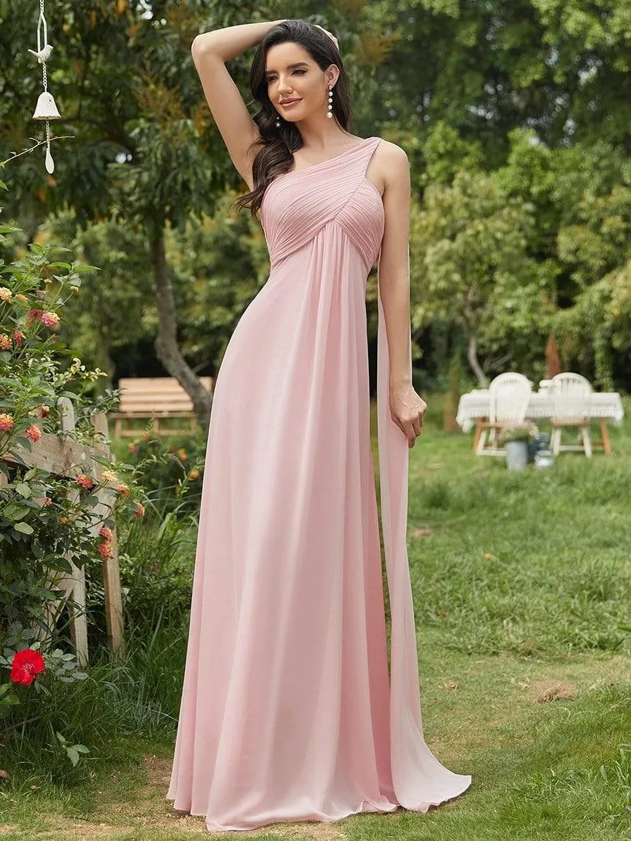 Pleated One Shoulder Long Chiffon Formal Evening Dress