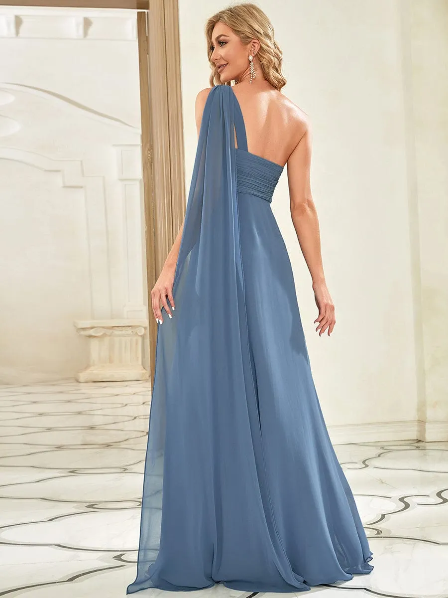 Pleated One Shoulder Long Chiffon Formal Evening Dress