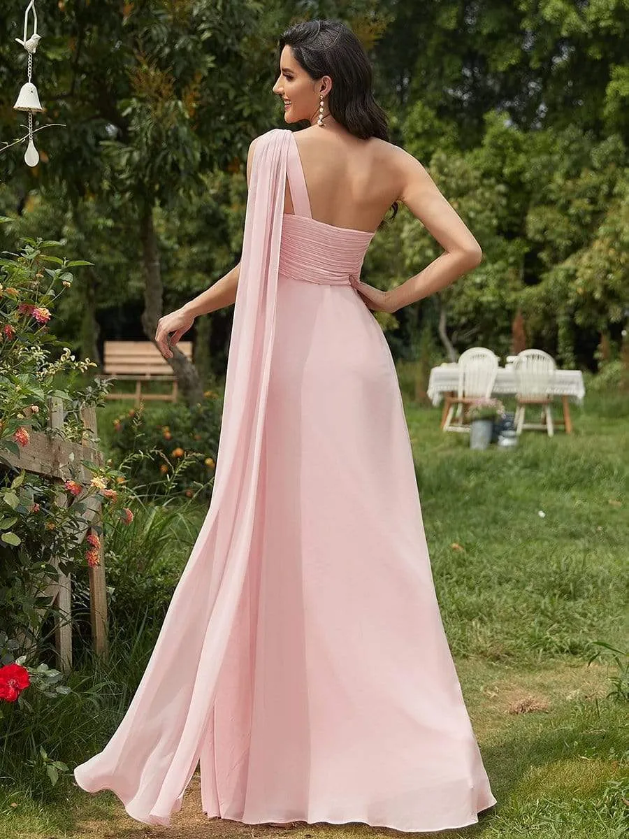 Pleated One Shoulder Long Chiffon Formal Evening Dress