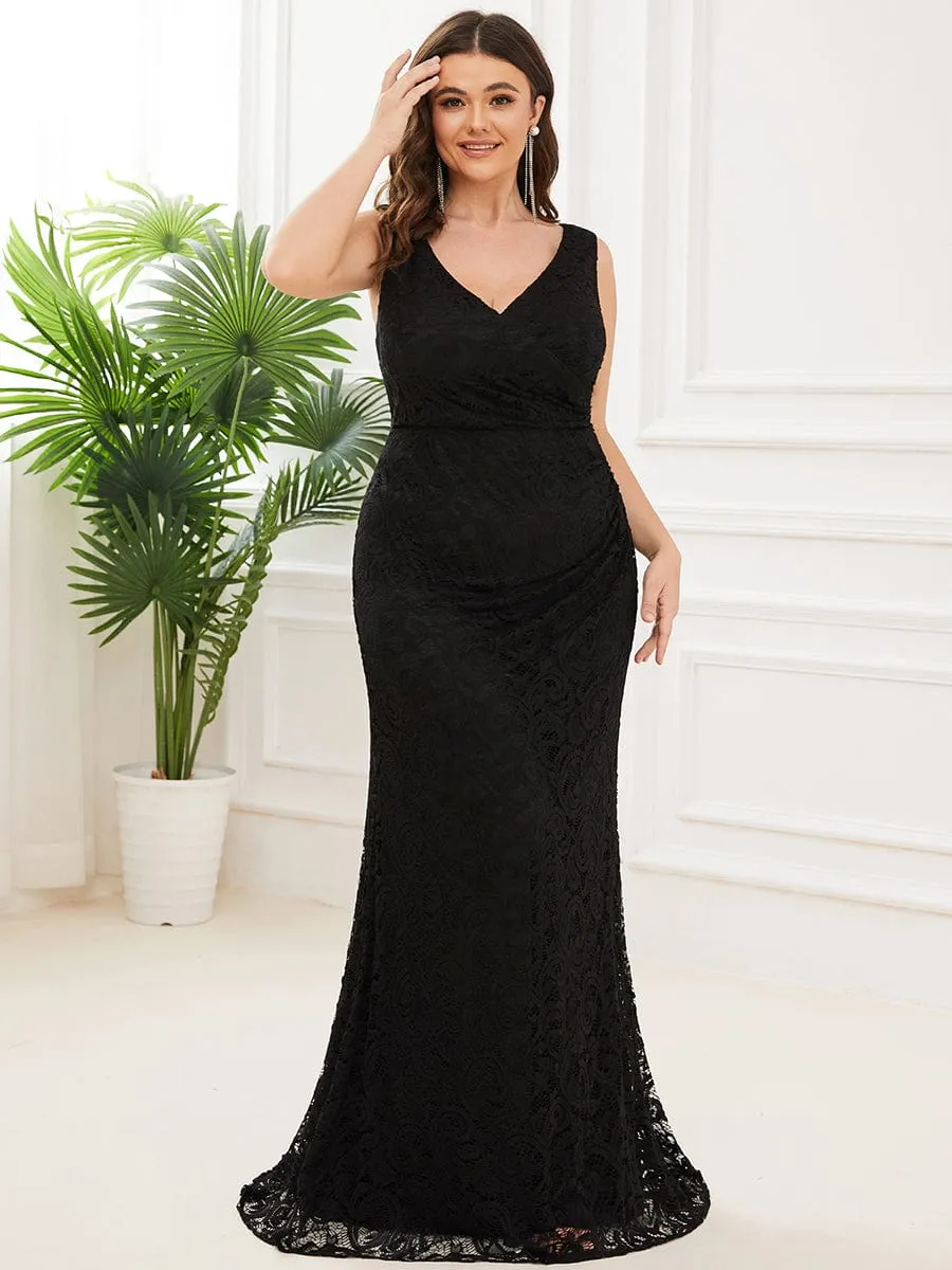 Plus Size Pleated Lace Bodycon Sleeveless Floor-Length Formal Evening Dress