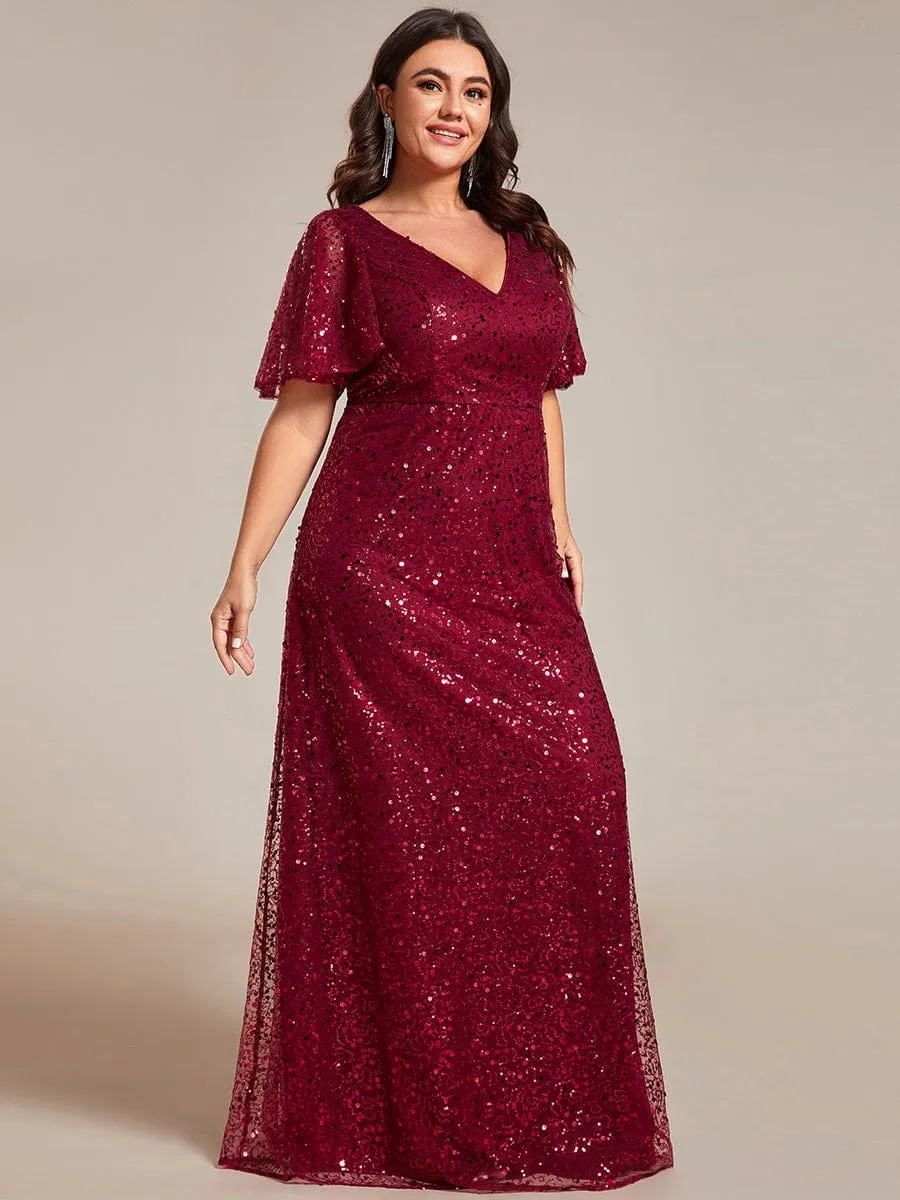 Plus Size See-Through Short Sleeves Maxi Sequin Formal Evening Dress