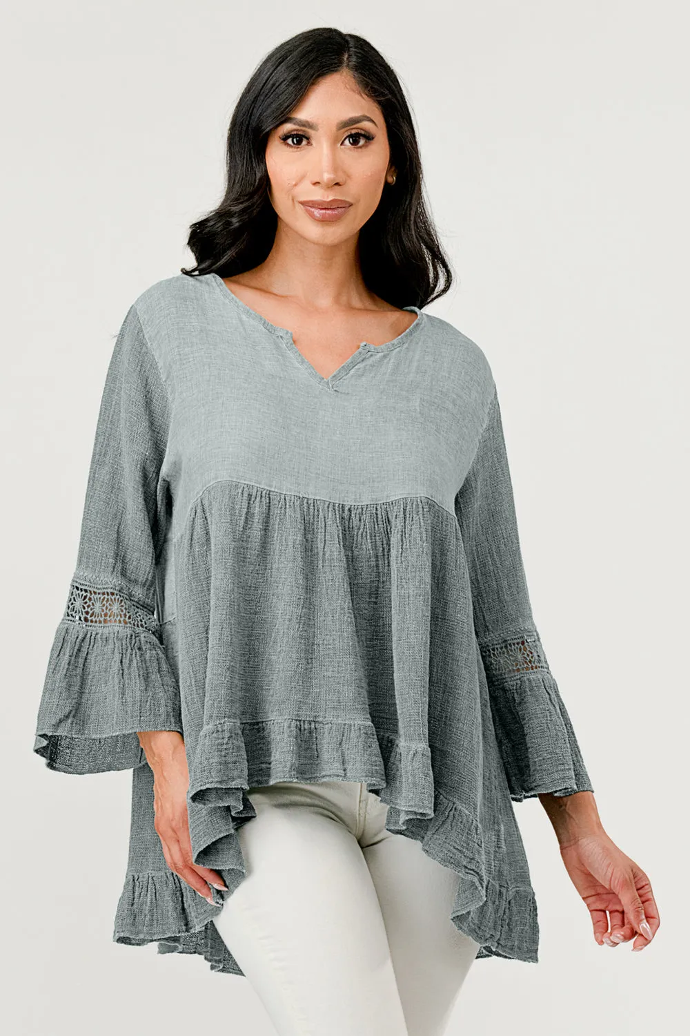 Raw Moda Lace Sleeves Linen Cotton Top