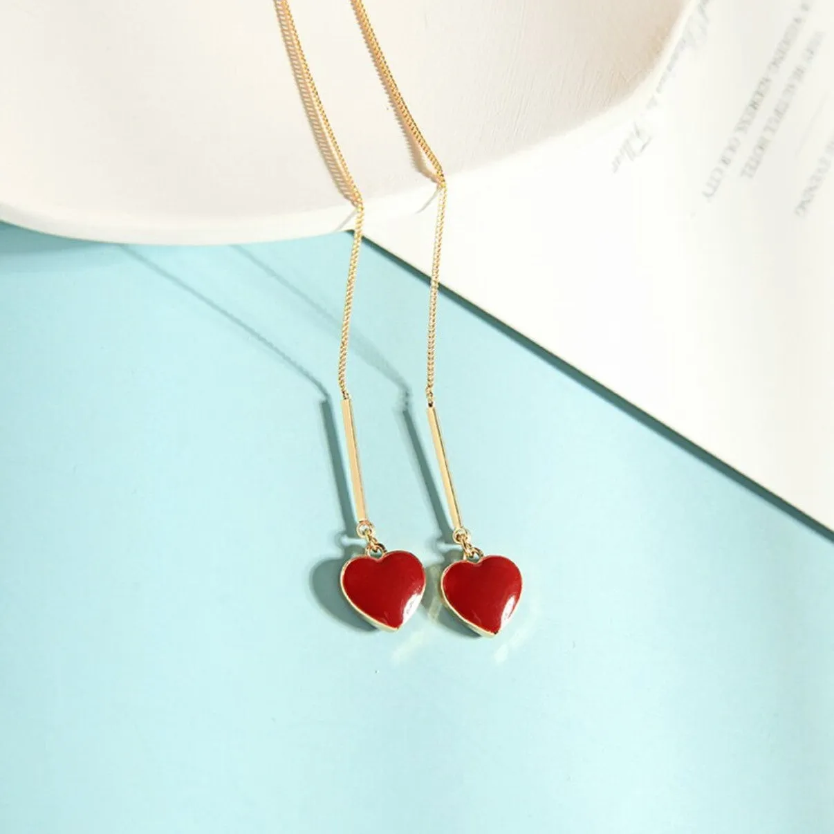 Red Heart Needle Drop Dangle Earrings