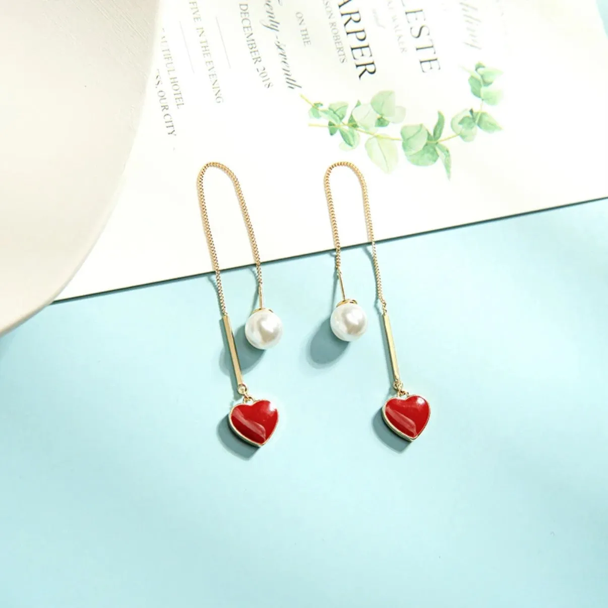 Red Heart Needle Drop Dangle Earrings