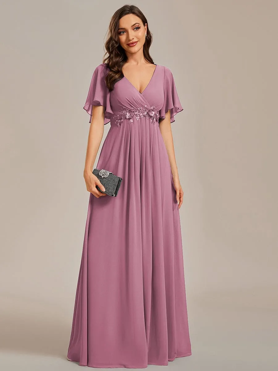 Ruffles Sleeve A-Line Chiffon Waist Applique Maxi Formal Evening Dress