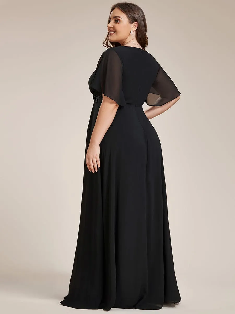 Ruffles Sleeve A-Line Chiffon Waist Applique Maxi Formal Evening Dress