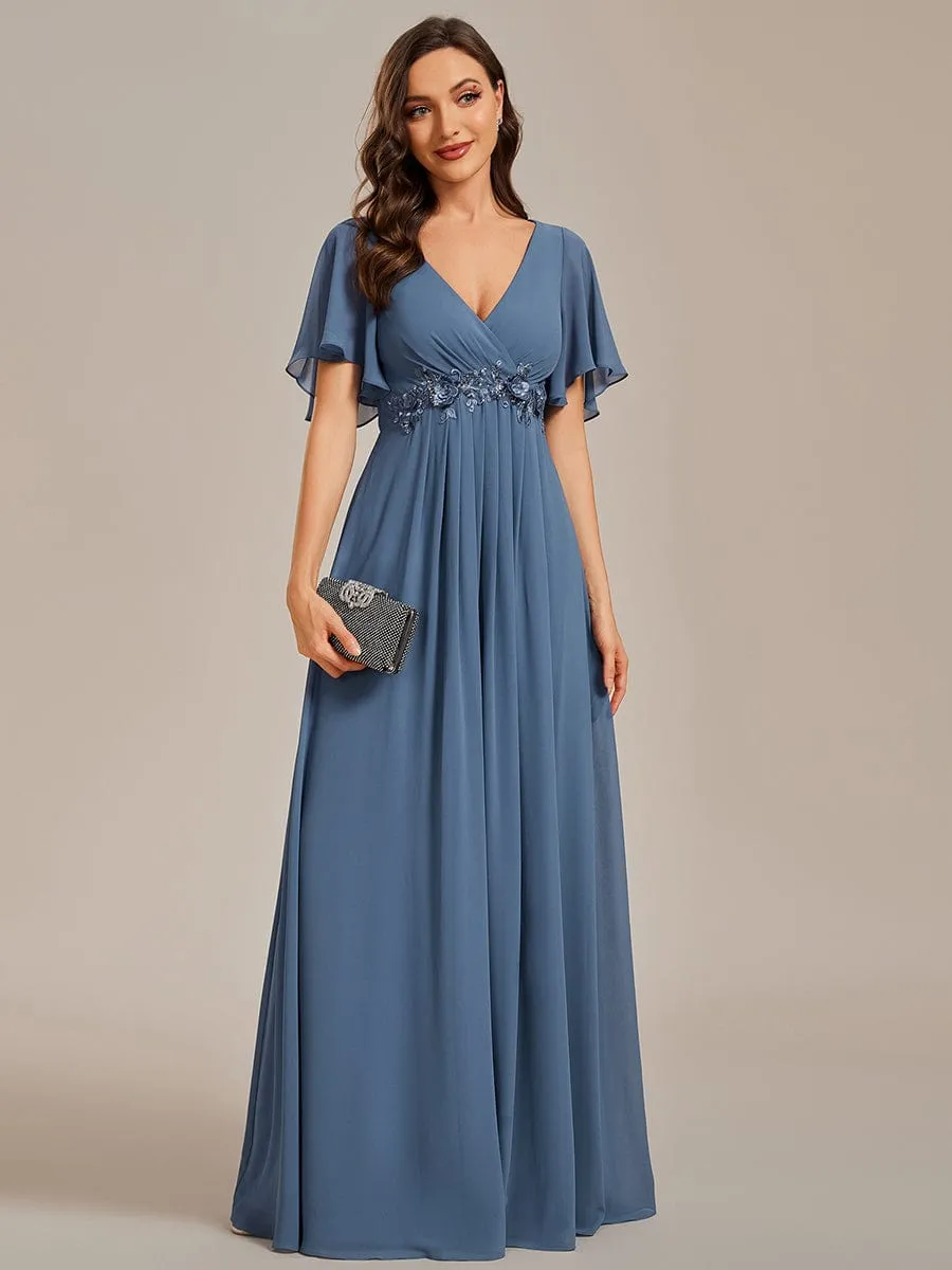 Ruffles Sleeve A-Line Chiffon Waist Applique Maxi Formal Evening Dress