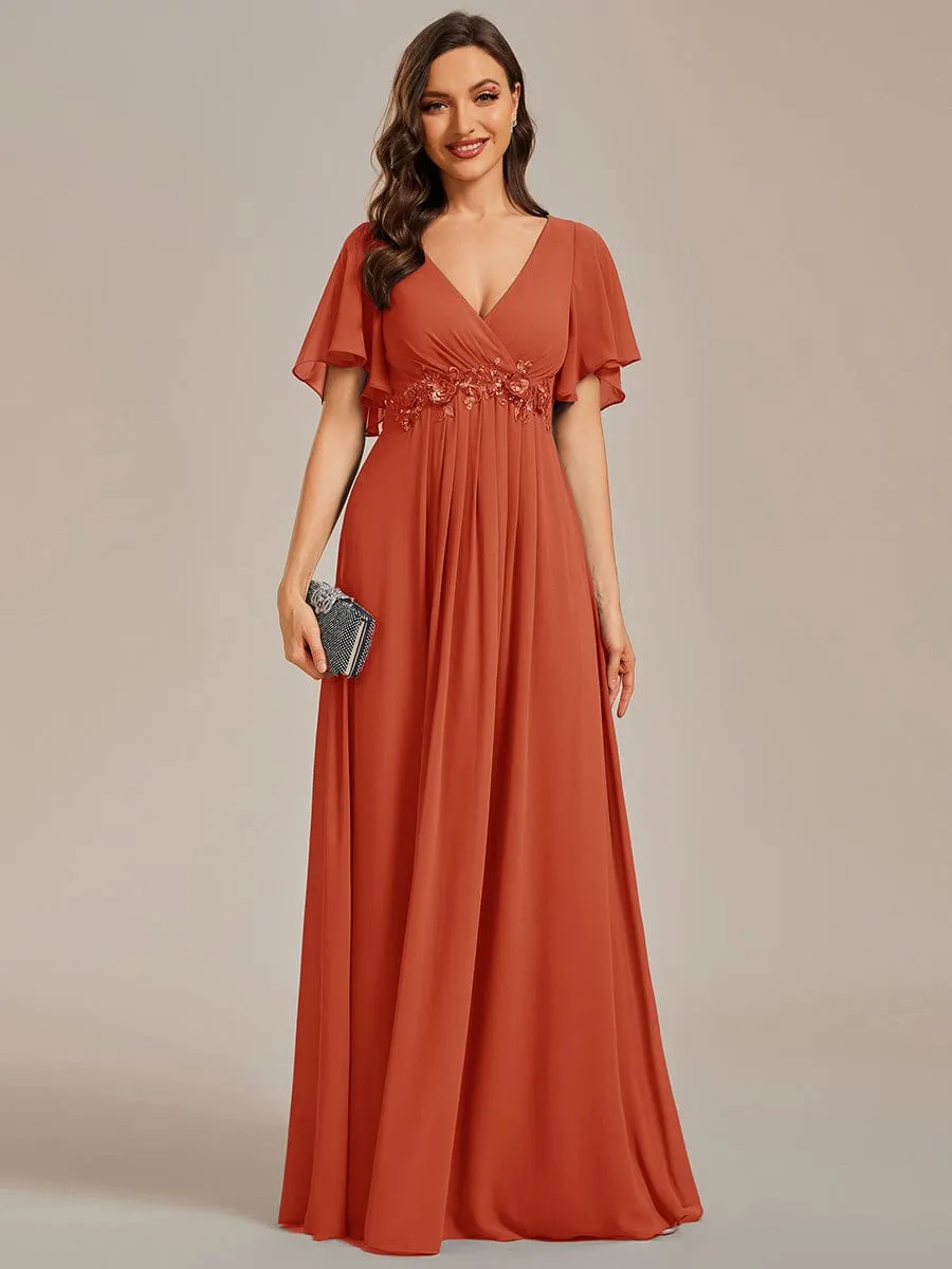 Ruffles Sleeve A-Line Chiffon Waist Applique Maxi Formal Evening Dress