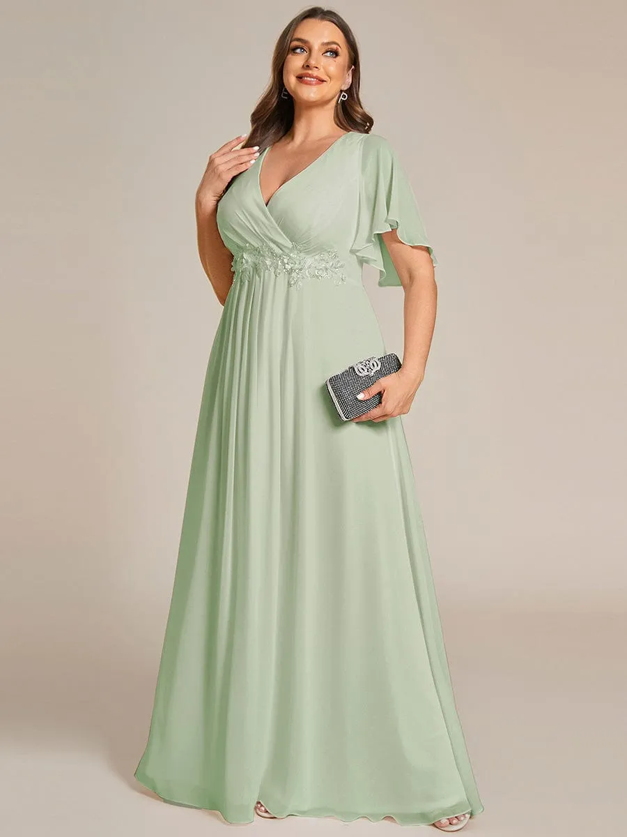 Ruffles Sleeve A-Line Chiffon Waist Applique Maxi Formal Evening Dress