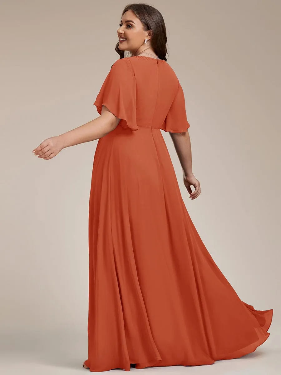 Ruffles Sleeve A-Line Chiffon Waist Applique Maxi Formal Evening Dress