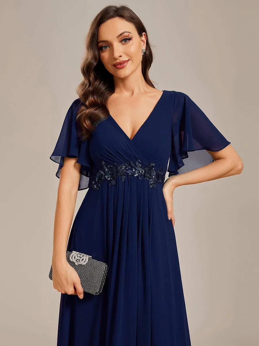 Ruffles Sleeve A-Line Chiffon Waist Applique Maxi Formal Evening Dress