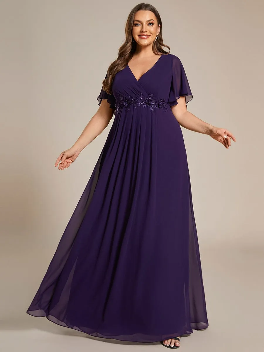 Ruffles Sleeve A-Line Chiffon Waist Applique Maxi Formal Evening Dress