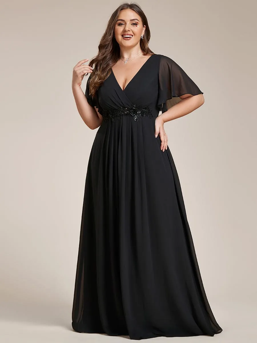 Ruffles Sleeve A-Line Chiffon Waist Applique Maxi Formal Evening Dress