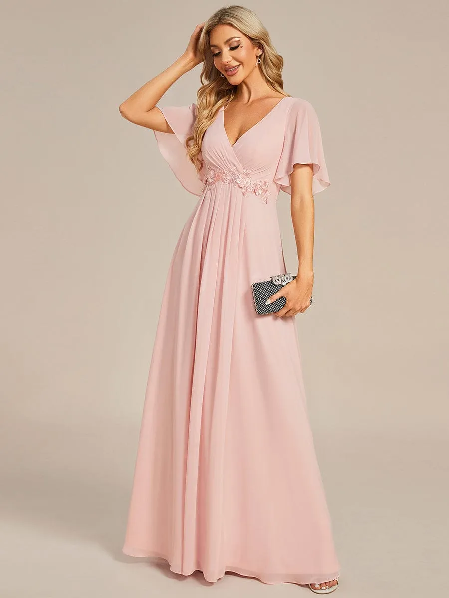 Ruffles Sleeve A-Line Chiffon Waist Applique Maxi Formal Evening Dress