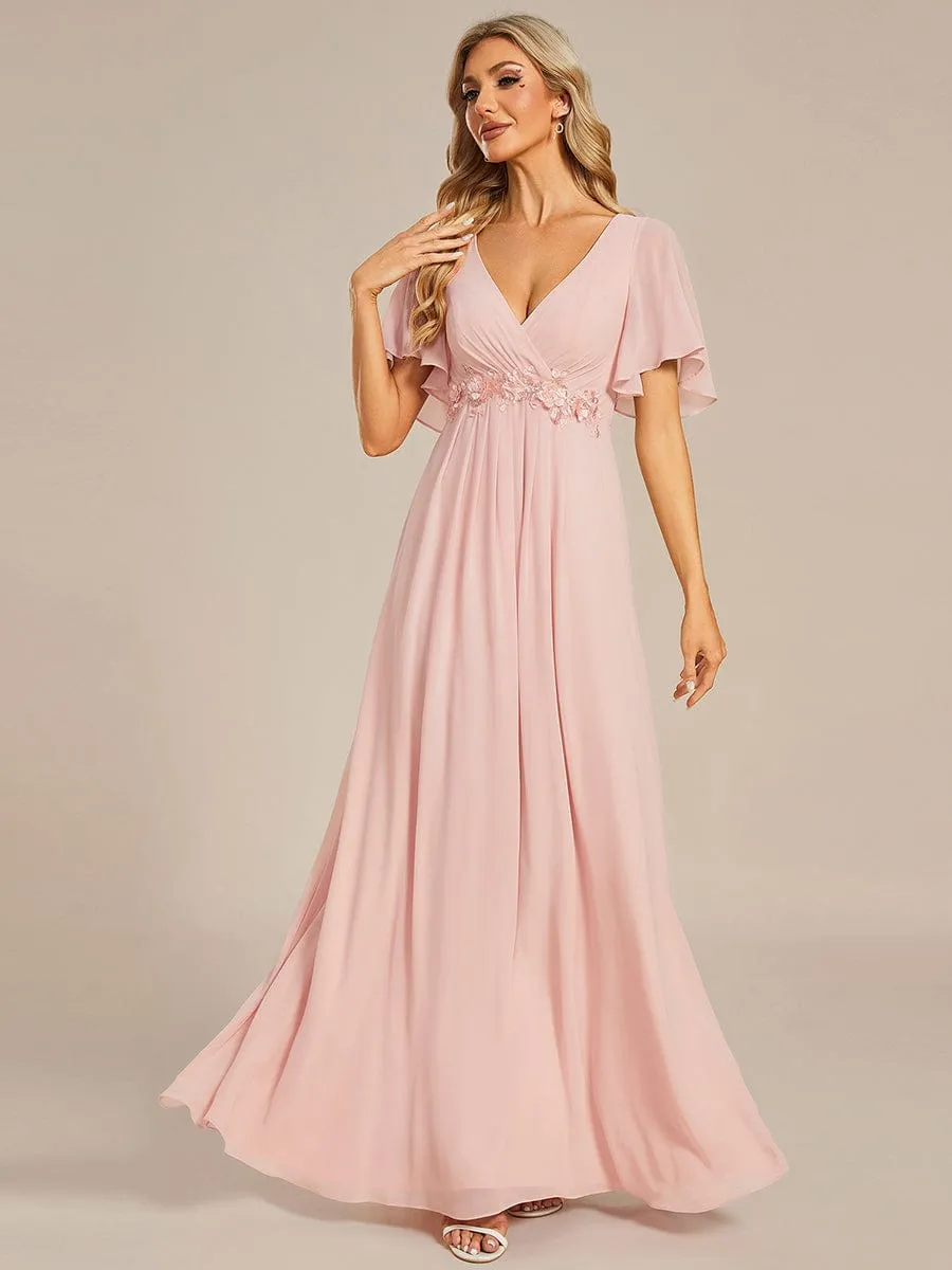 Ruffles Sleeve A-Line Chiffon Waist Applique Maxi Formal Evening Dress