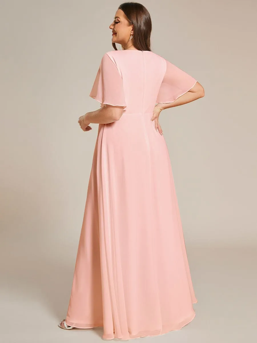 Ruffles Sleeve A-Line Chiffon Waist Applique Maxi Formal Evening Dress