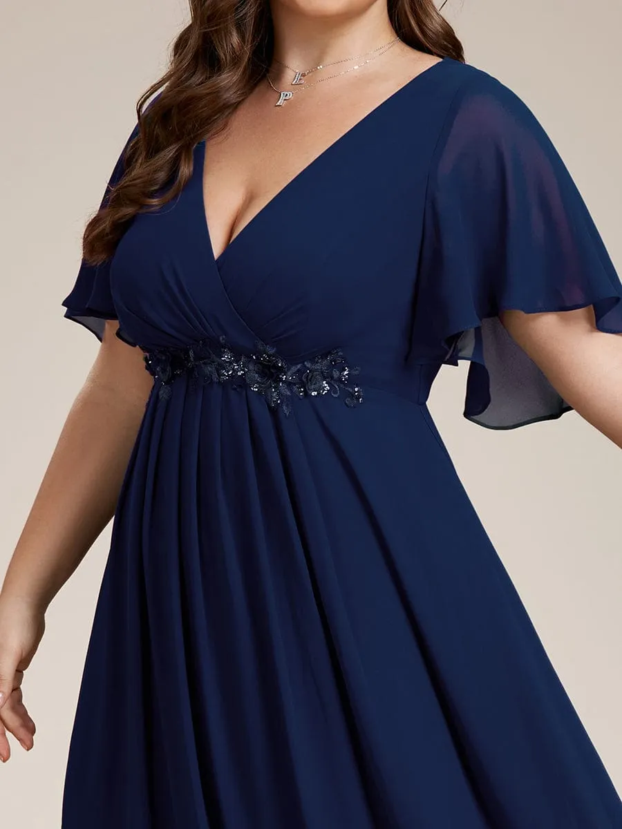 Ruffles Sleeve A-Line Chiffon Waist Applique Maxi Formal Evening Dress