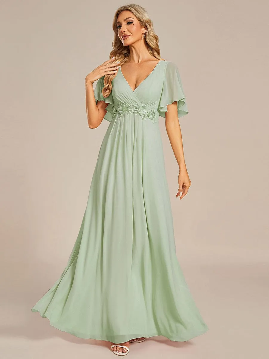 Ruffles Sleeve A-Line Chiffon Waist Applique Maxi Formal Evening Dress