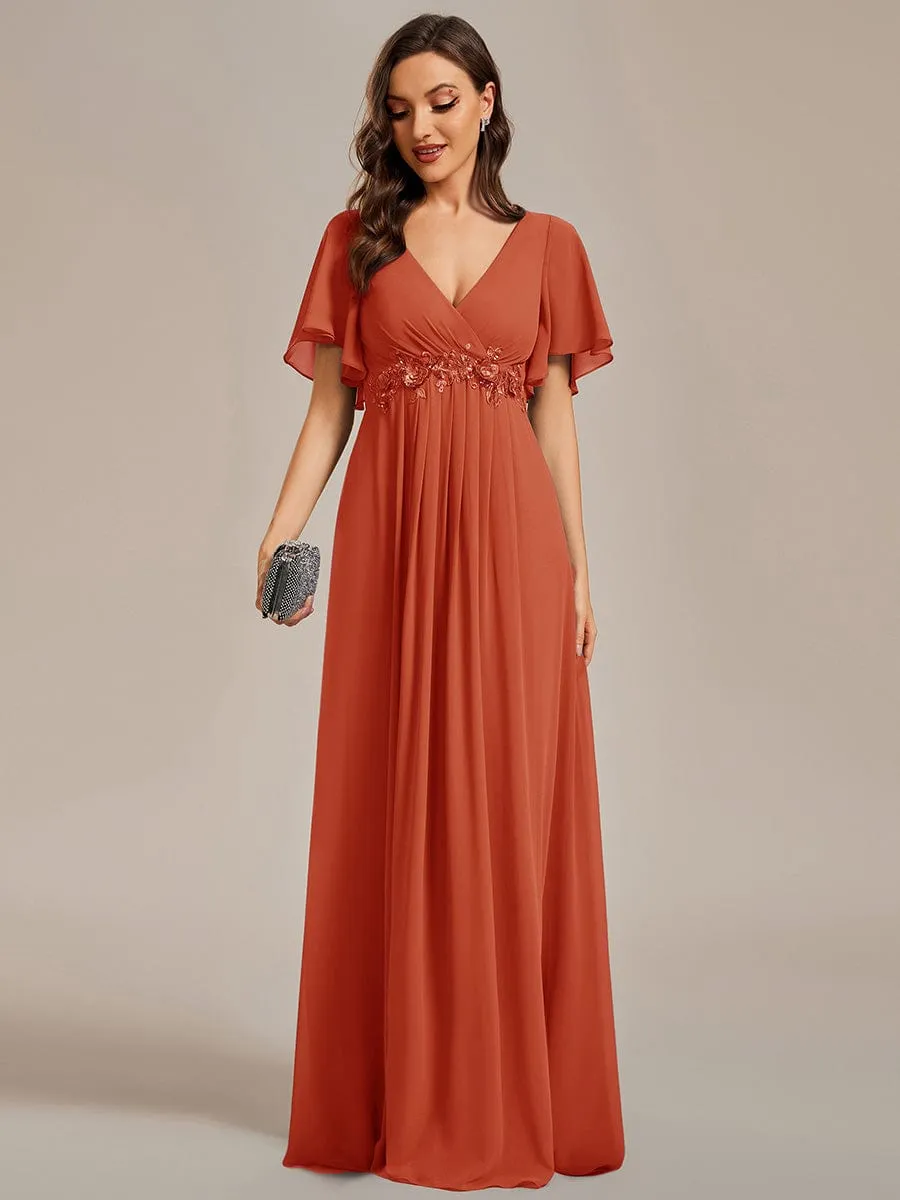 Ruffles Sleeve A-Line Chiffon Waist Applique Maxi Formal Evening Dress