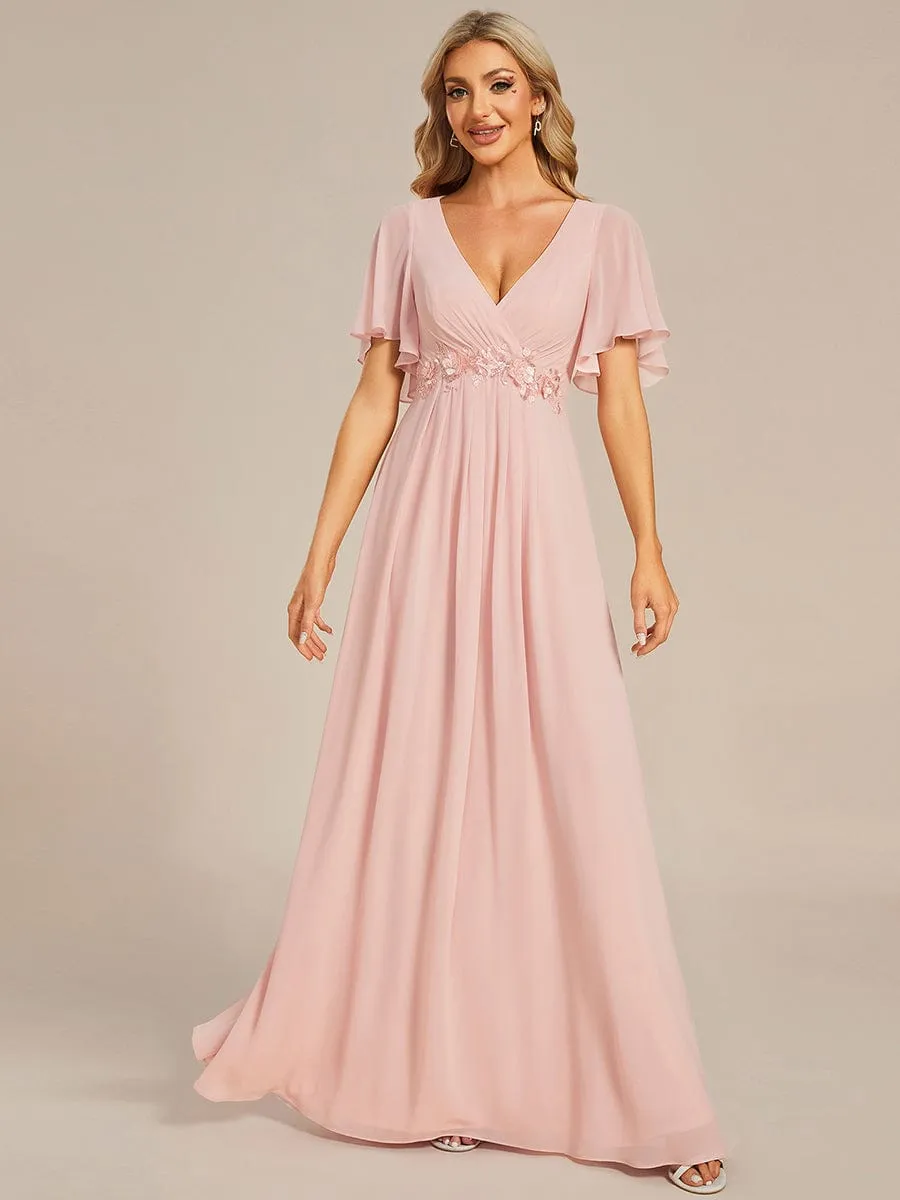 Ruffles Sleeve A-Line Chiffon Waist Applique Maxi Formal Evening Dress