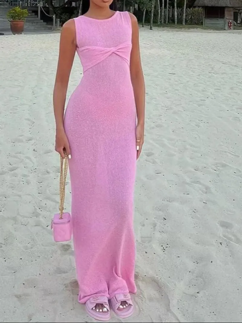 Sheer Mesh Twsited Knot Sleeveless Knitted Beach Long Dress