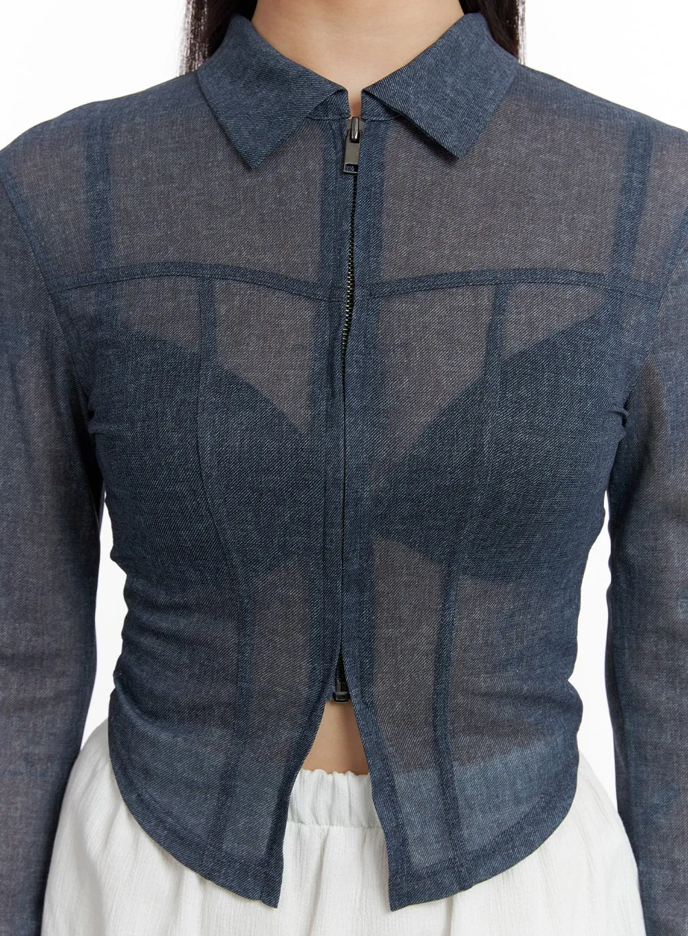 Sheer Zip-Up Crop Denim Jacket IF423