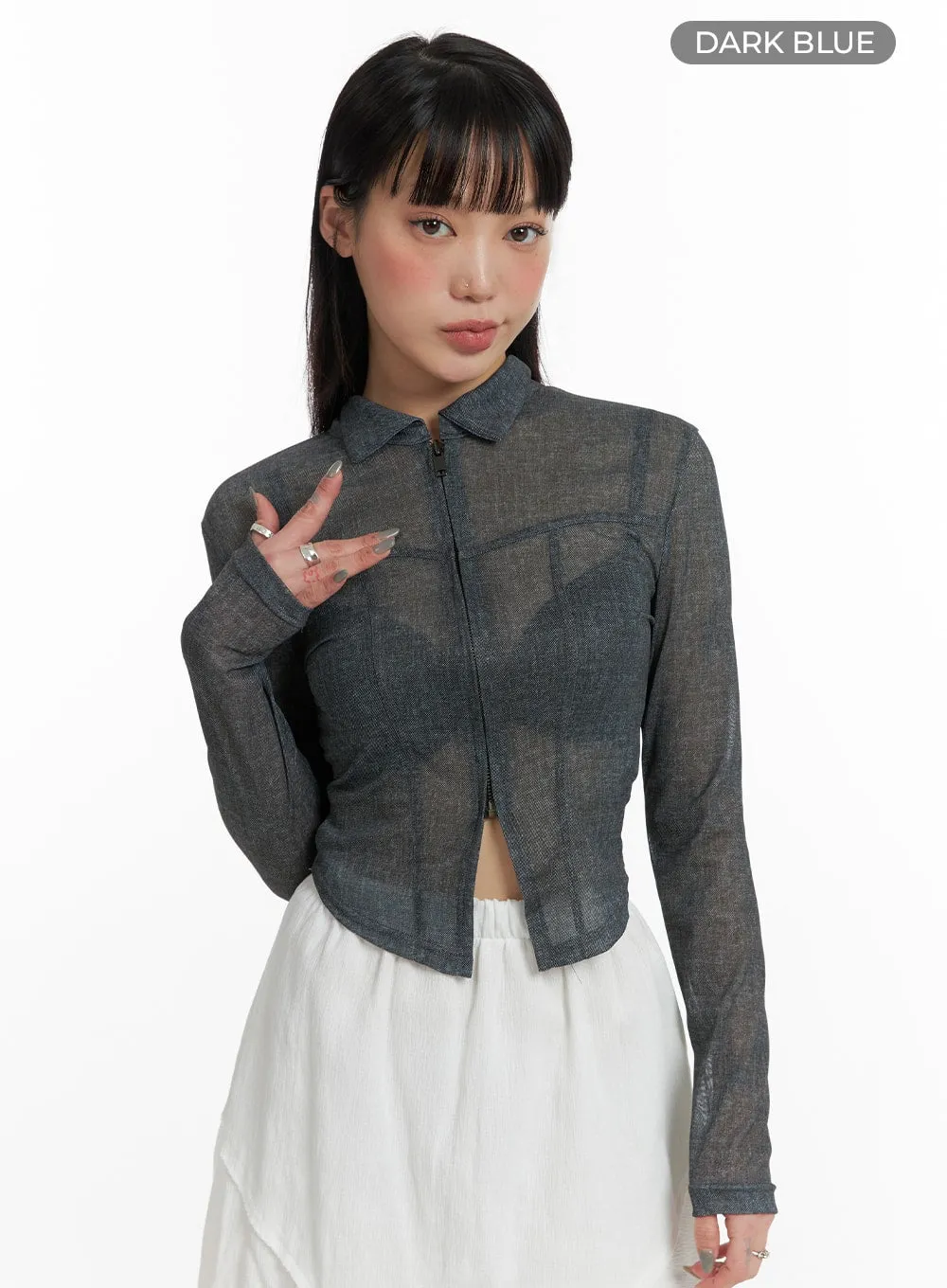 Sheer Zip-Up Crop Denim Jacket IF423