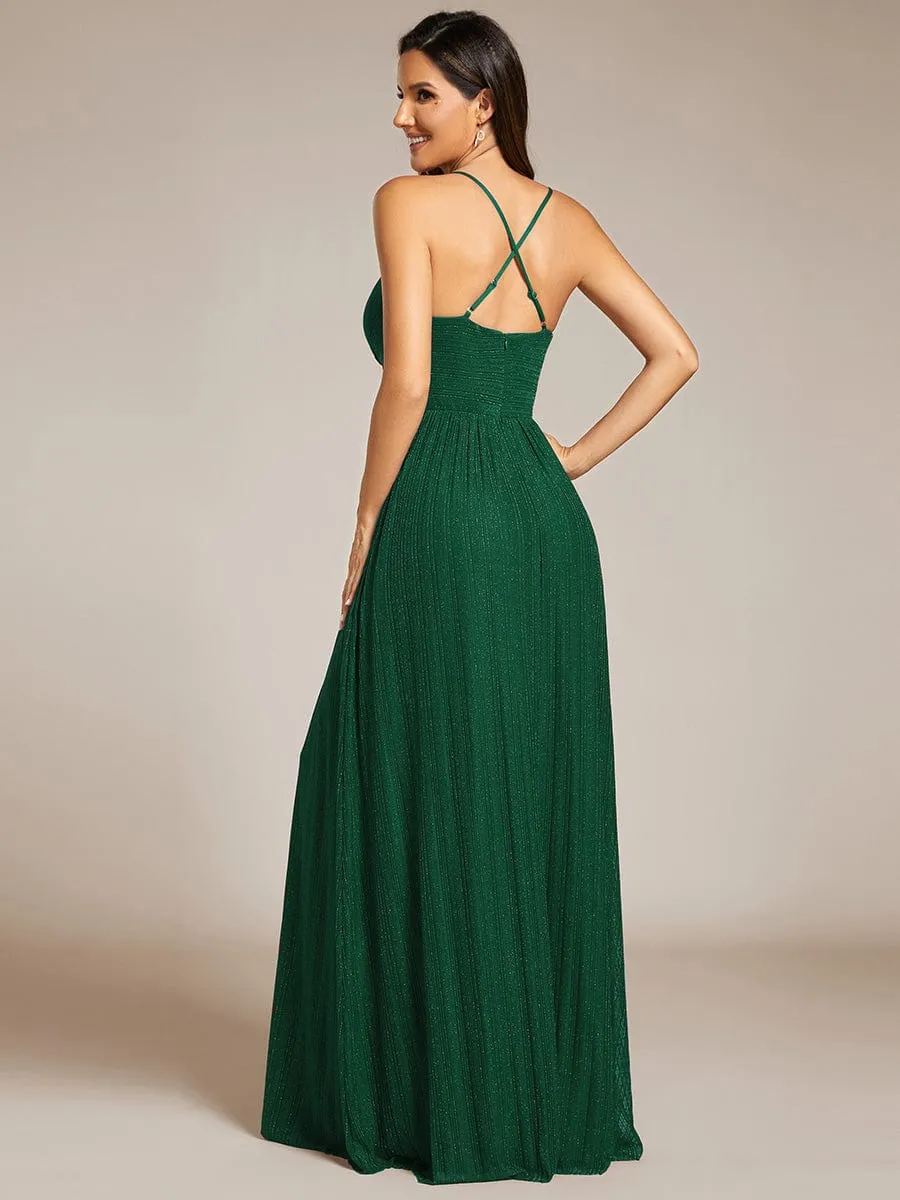 Sparkle Sleeveless Backless Formal Evening Dress with V-Neck