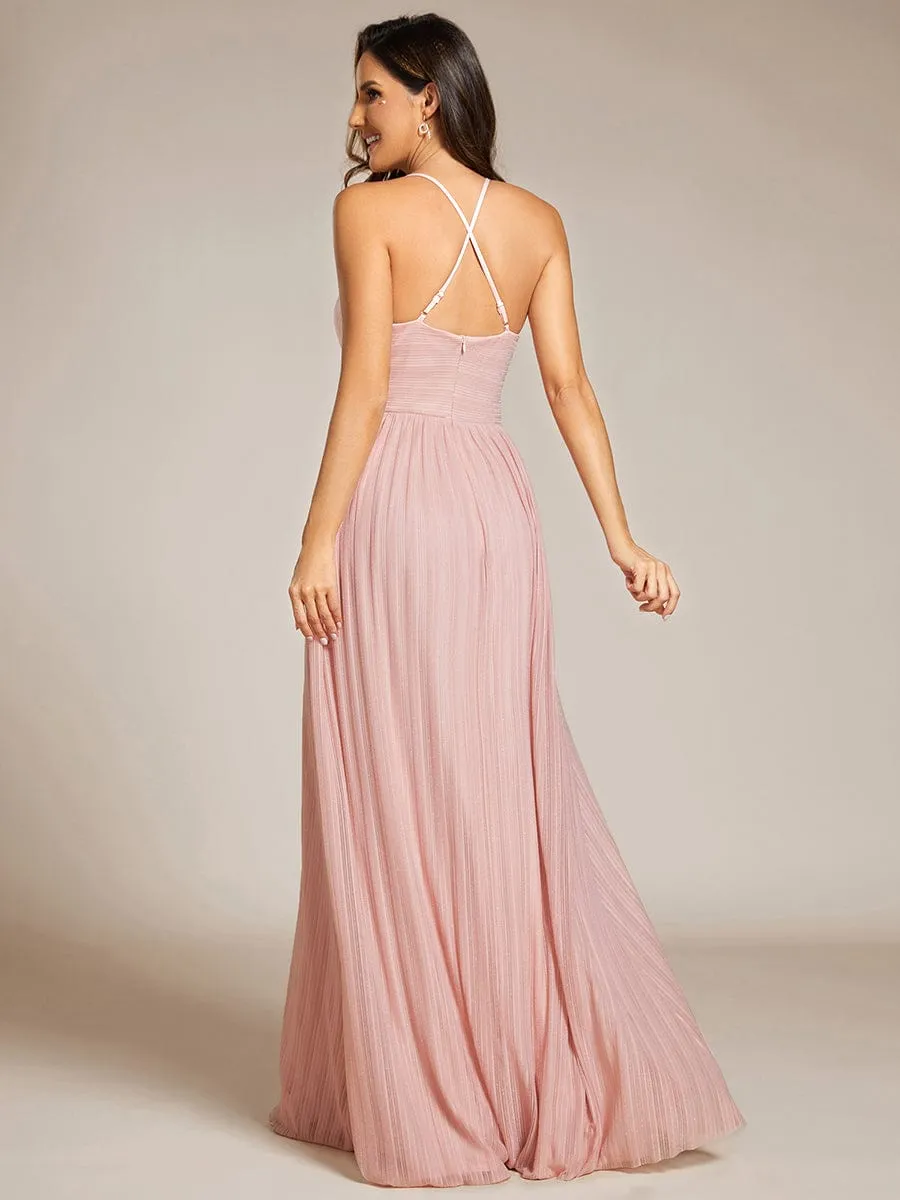 Sparkle Sleeveless Backless Formal Evening Dress with V-Neck