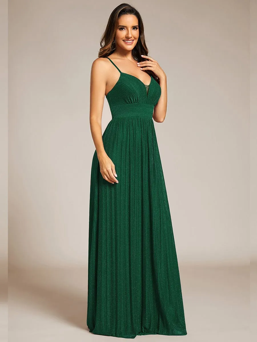 Sparkle Sleeveless Backless Formal Evening Dress with V-Neck