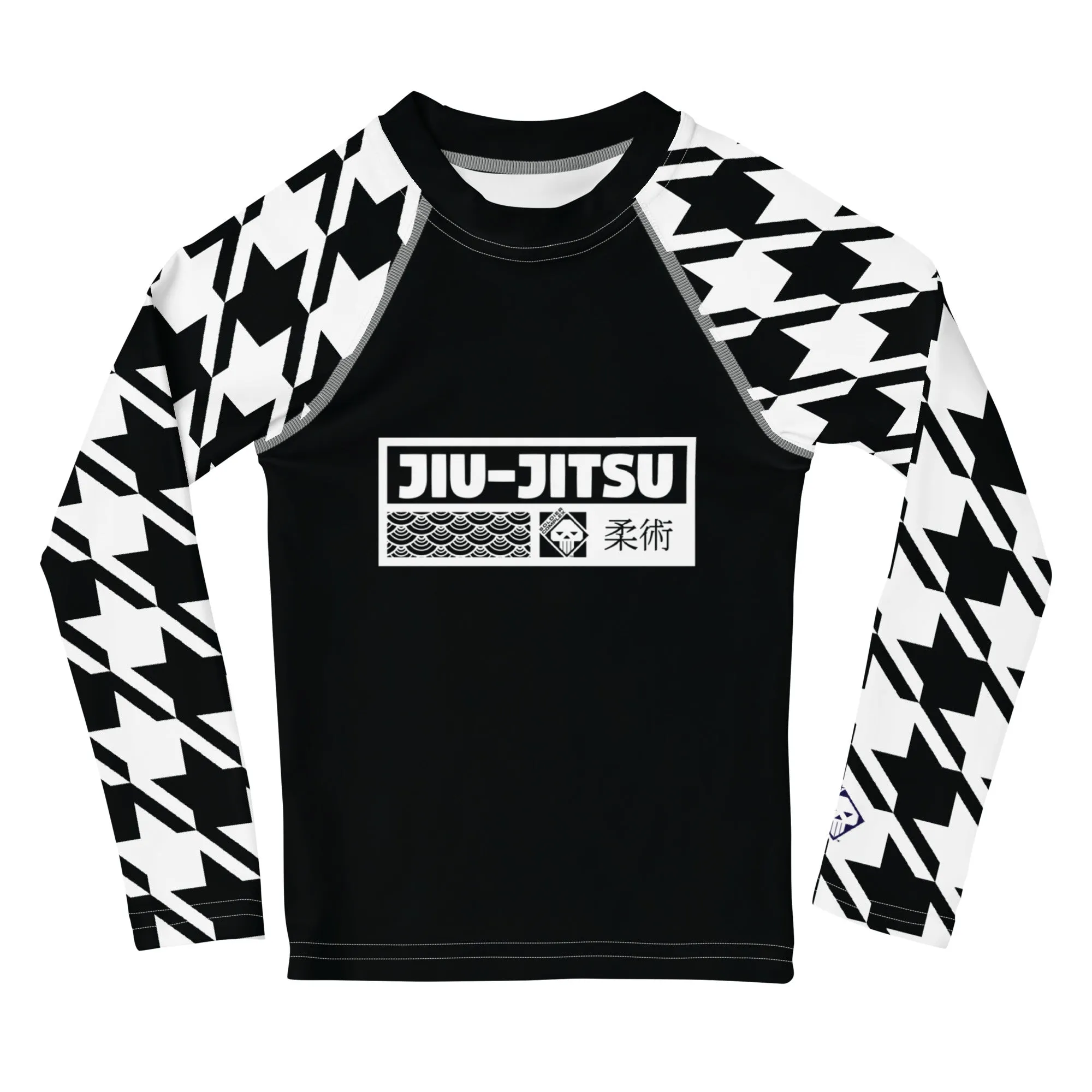 Sporty Style: Houndstooth Jiu-Jitsu Long Sleeve Rash Guard for Girls' BJJ