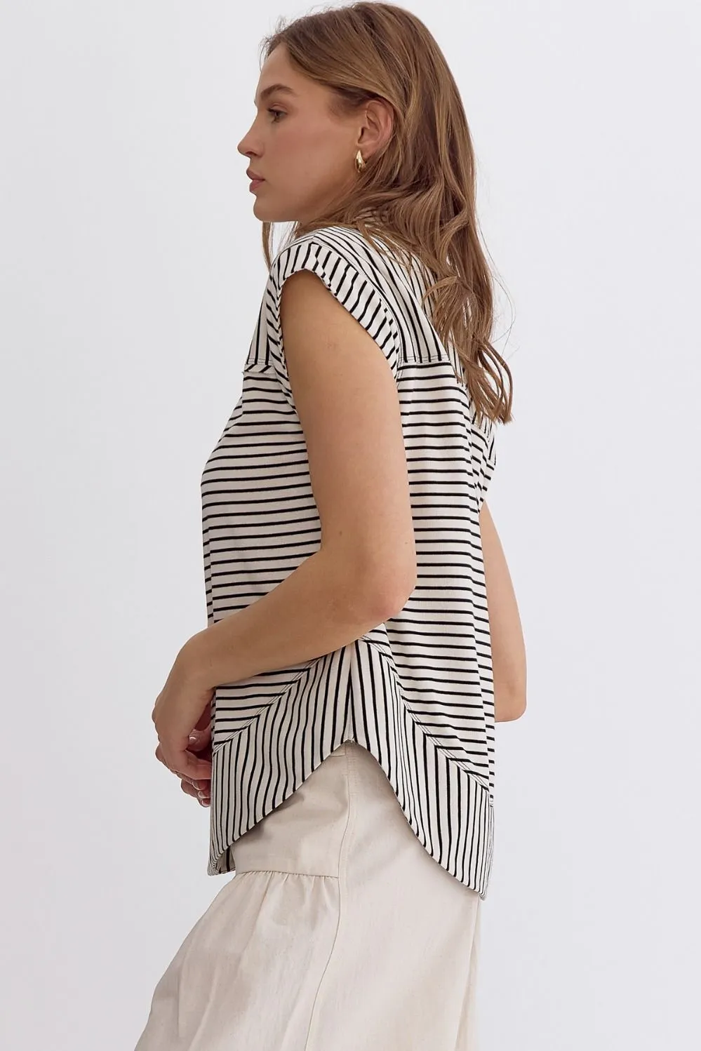 Stripped Collared Sleeveless Top