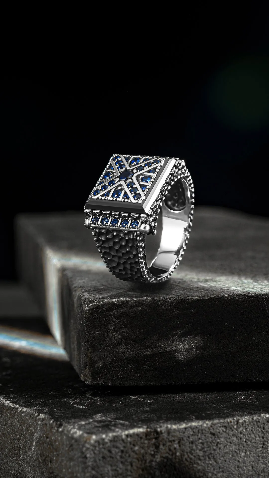 Stylish & Unique Design Square Silver Men's Ring with Blue Zircon Stones