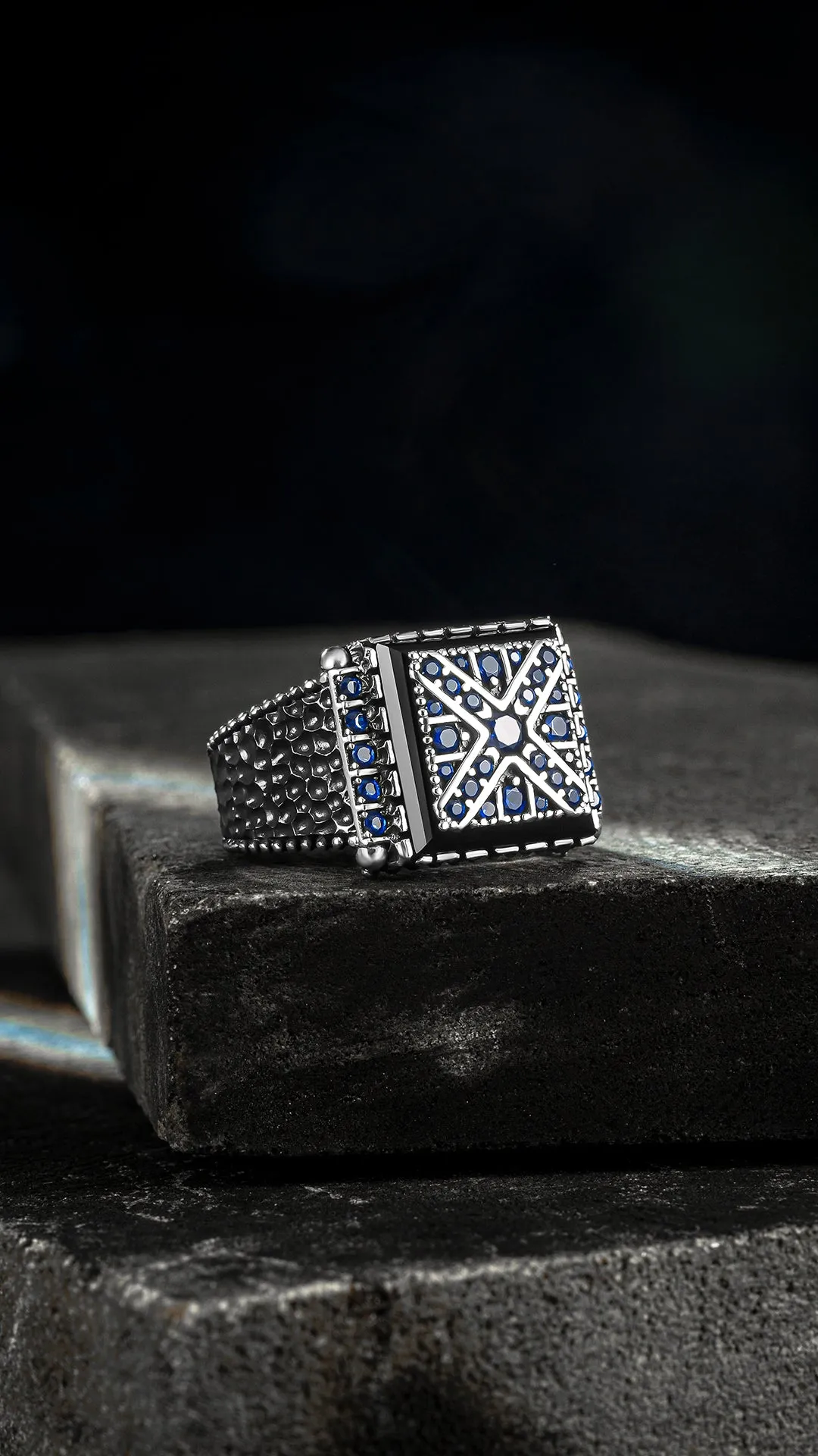 Stylish & Unique Design Square Silver Men's Ring with Blue Zircon Stones