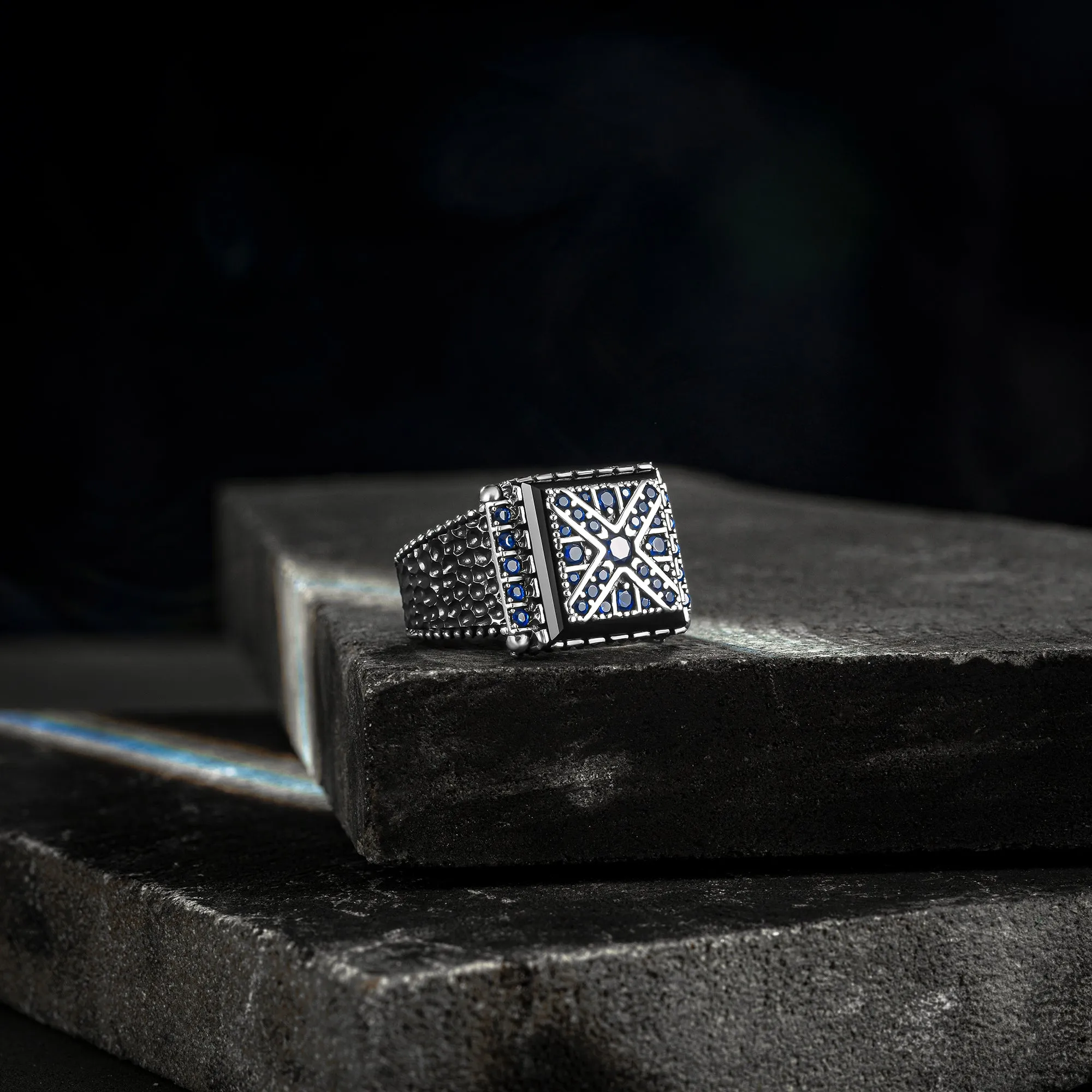 Stylish & Unique Design Square Silver Men's Ring with Blue Zircon Stones