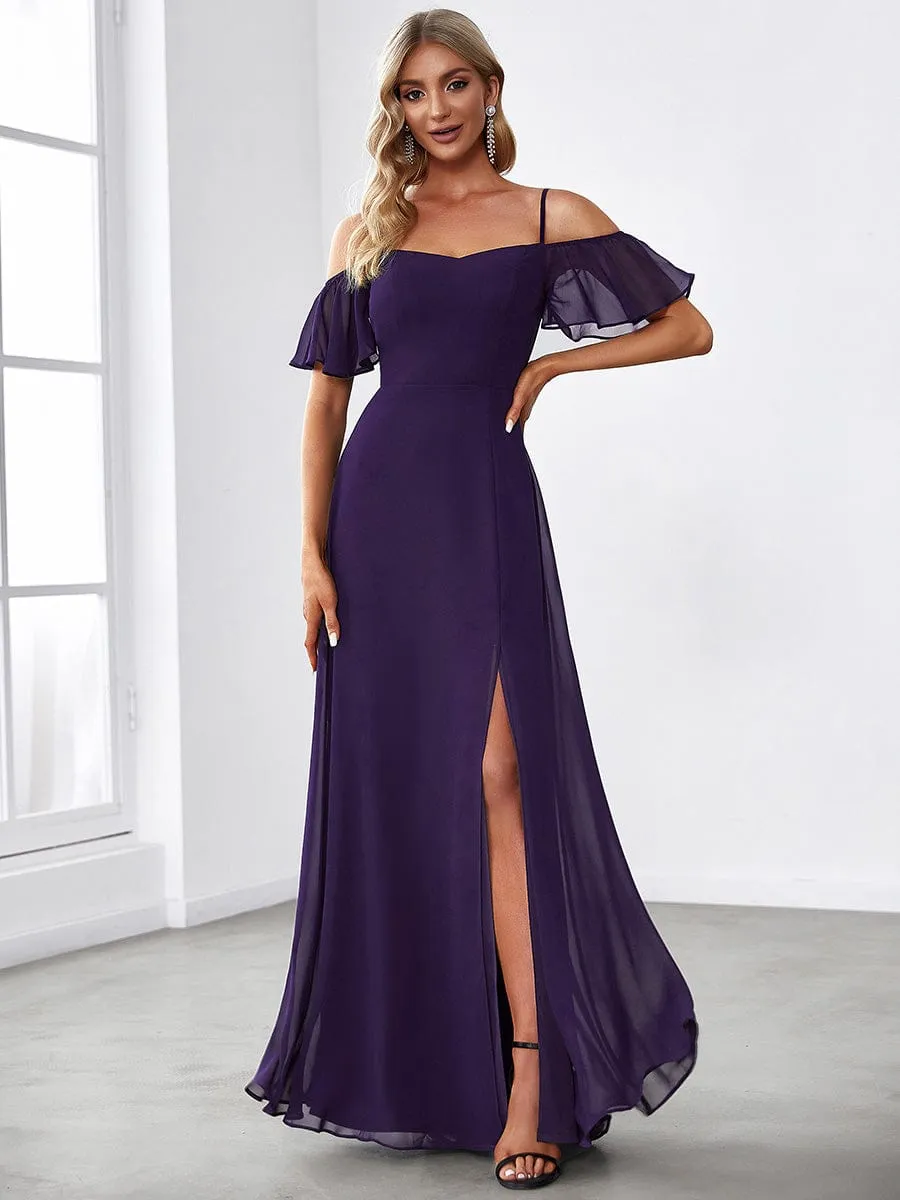 Stylish Cold Shoulder Flare Sleeves Flowy Bridesmaid Dress