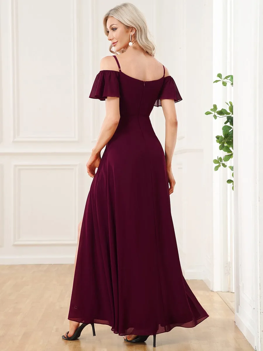 Stylish Cold Shoulder Flare Sleeves Flowy Bridesmaid Dress